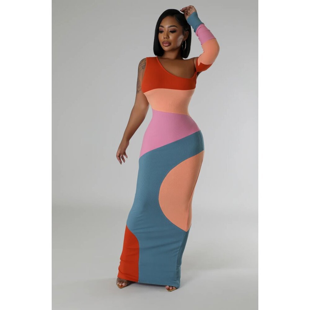 NEW! Color Block One-Sleeve Maxi Dress – Trendy & Chic